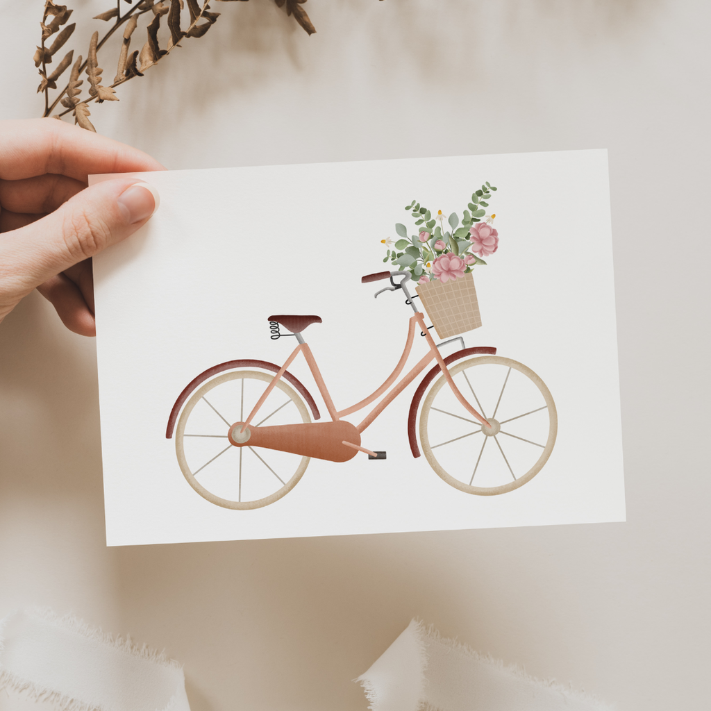 Sykkel med blomster i kurv | Kort med konvolutt