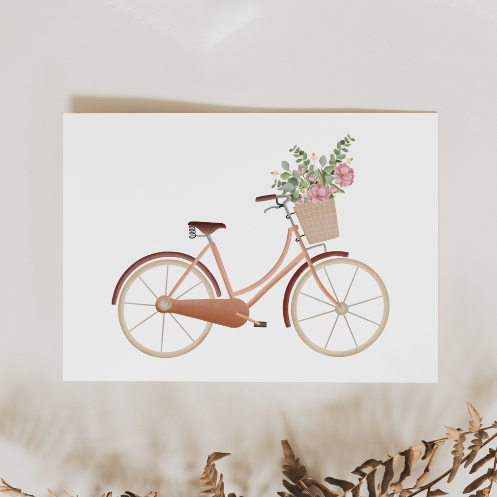 Sykkel med blomster i kurv | Kort med konvolutt